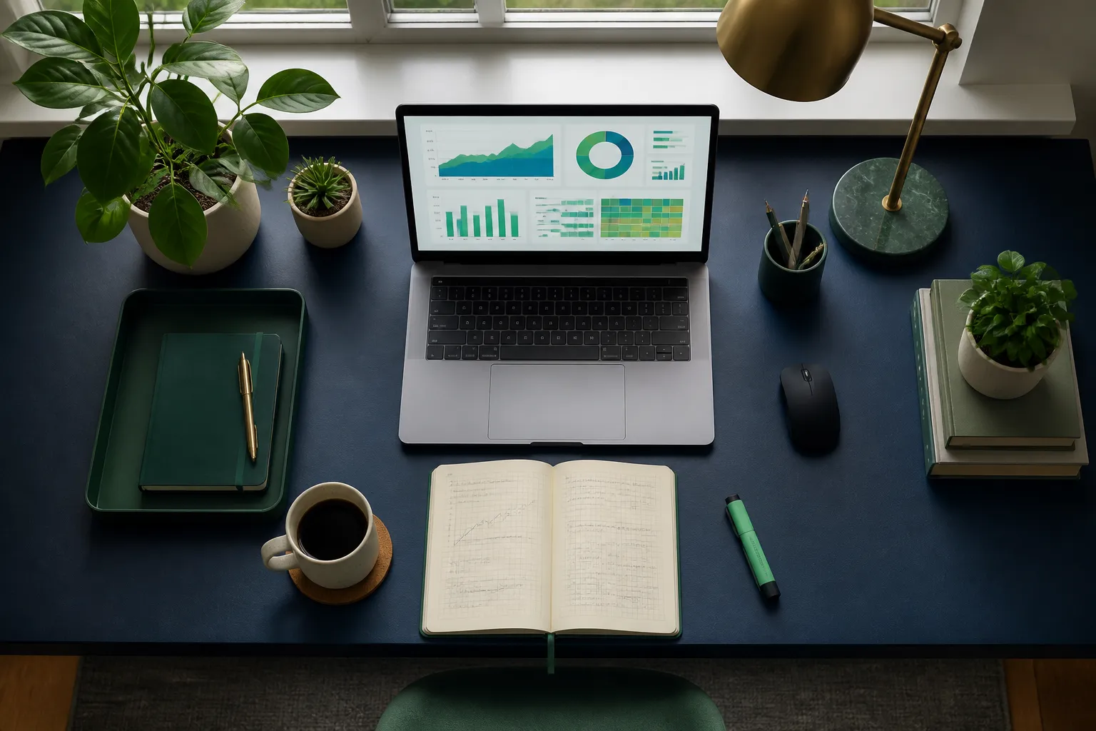 Organised desk workspace with laptop showing a data analytics dashboard and handwritten notes